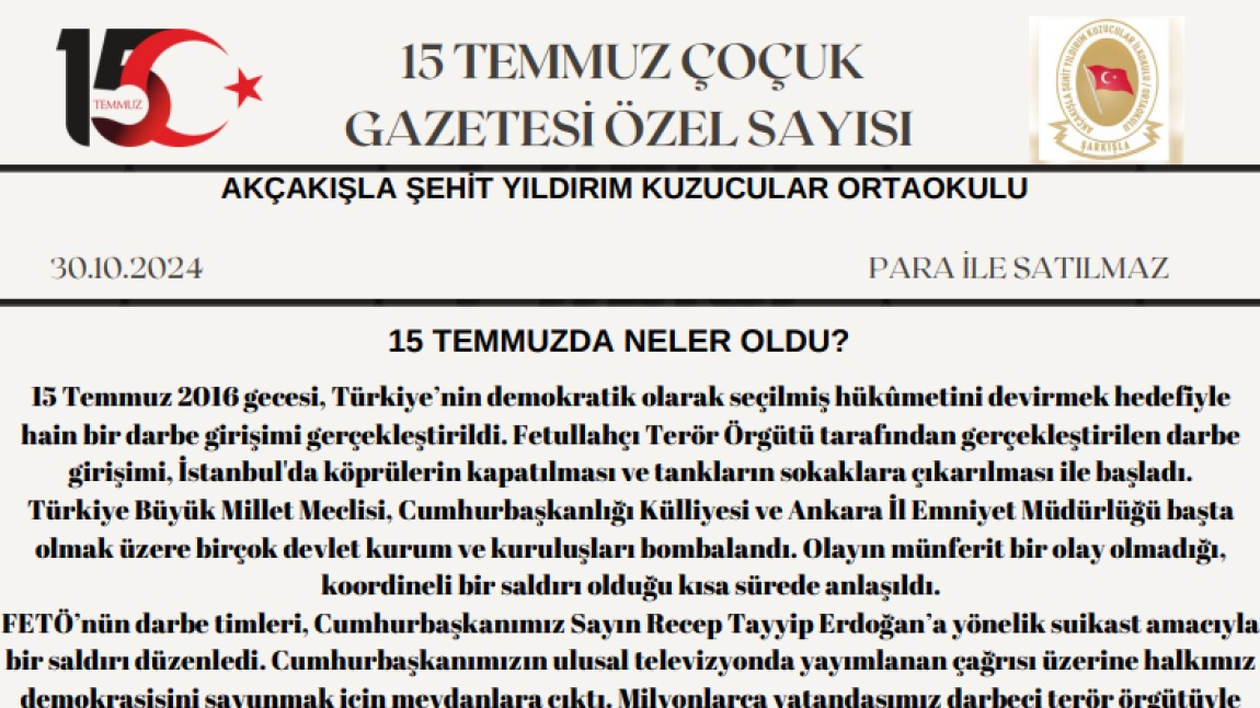 15 TEMMUZ ÇOCUK GAZETESİ ÖZEL SAYIMIZ